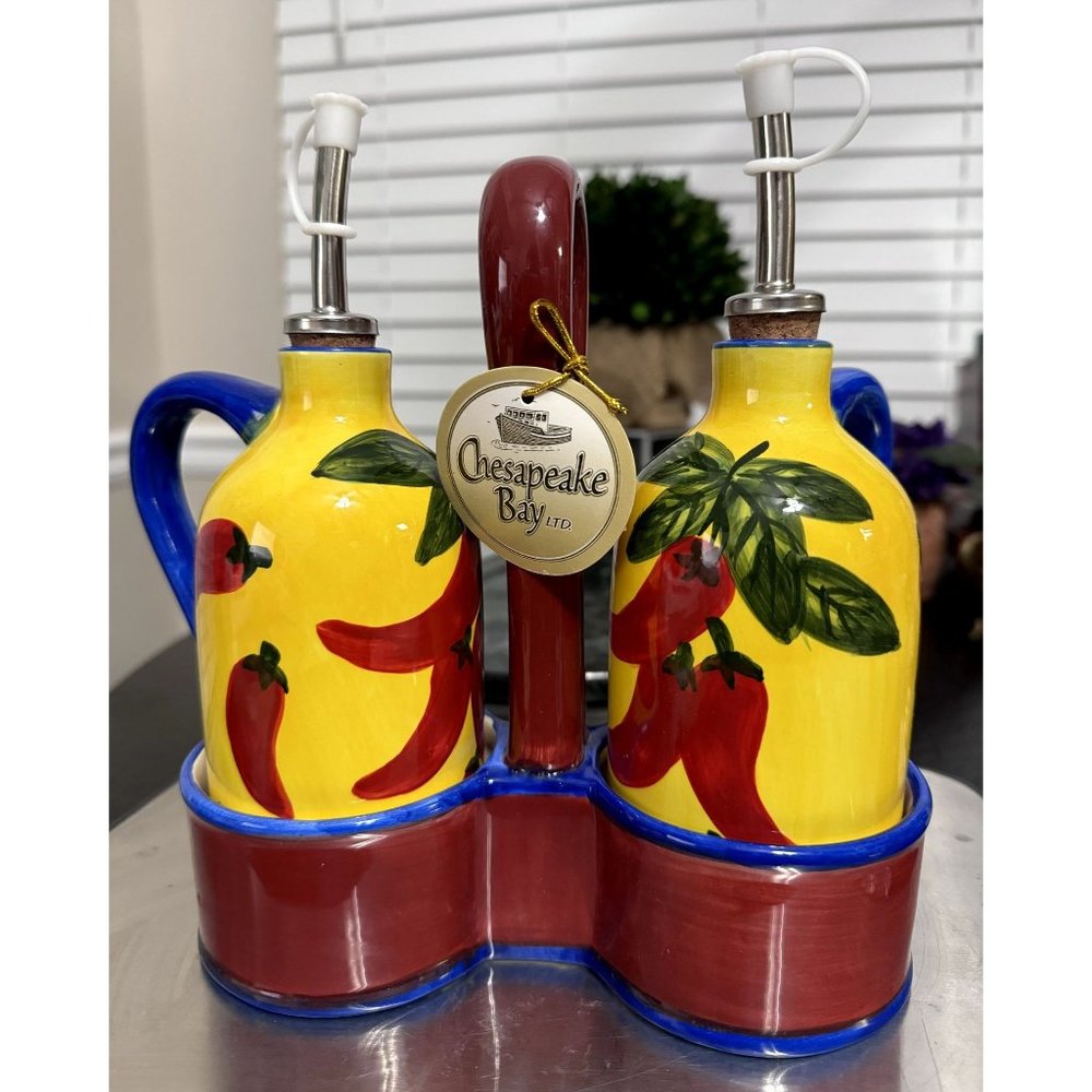 Vintage Chesapeake Bay 3 Piece Chili Pepper Oil & Vinegar Set - NOS